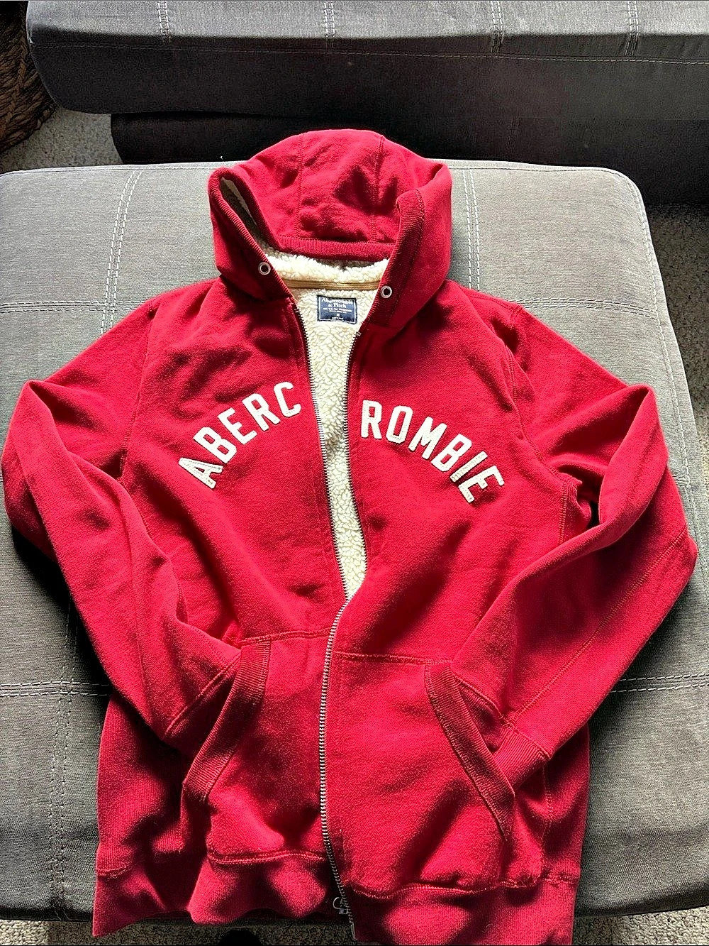 Abercrombie & Fitch Sherpa-Lined Applique Logo Full-Zip Hoodie Red Medium